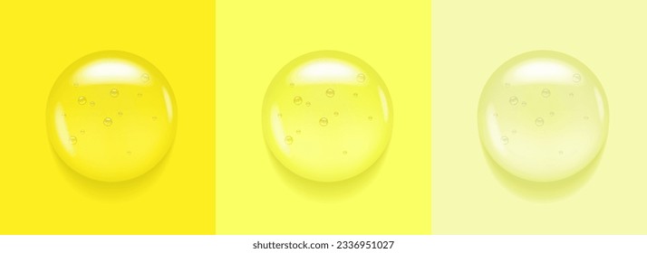 Transparent serum yellow lemon gel drop. Oil textured liqud skin or hair care beauty prodict swatch. 3d clear face cream. Macro top view closeup of round puddle smudge in laboratory.