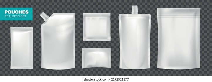 Transparent set of isolated white plastic pouches with screw cap for sauce and disposable packets for napkins sugar or spices realistic vector illustration