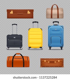 Transparent set of modern plastic luggages with wheels and retractable handle and vintage suitcases realistic vector illustration 