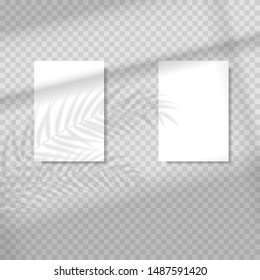 Efectos de superposición de sombra transparente para la marca. Hoja de papel vertical en blanco con superposición de sombra. Escena sombra desde la ventana. Luz de ventana realista y sombra de papel vertical con rayas de sombra.