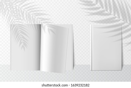 Transparent shadow overlay effects for branding. Scenes of natural lighting. Vector realistic books mockups. realistic shadow from palm tree branch on book mockup on transparent background.