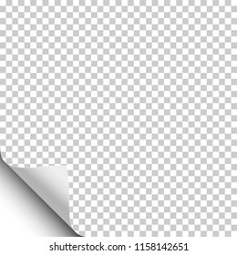 Transparent sheet of paper with curled lower left corner and white background under it. Vector paper template.