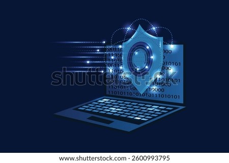A transparent shield covering the isometric laptop from virus attacks, protection of digital data concept