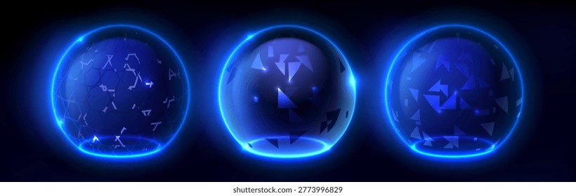 Transparent shield domes with glowing hexagon pattern and energy field effect, realistic vector on dark background. 3D neon blue glass sphere barrier with abstract digital mesh technology