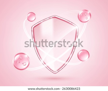 Transparent shield with glowing pink molecules and dynamic energy rings. Beauty and skincare protection concept. Vector illustration