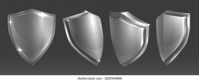 Transparent Shield. Protective Glass Shields Various Angles, Plexiglass Or Acrylic Blank Security Panel, Military Or Heraldic Sign Shape Design Template, Vector Trophy, Power And Safety Shiny Symbol