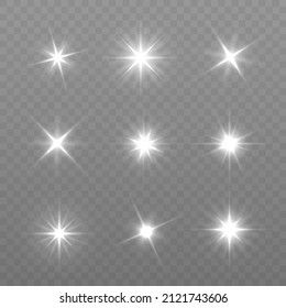 Transparent shine gradient glitter, bright flare. Glow isolated white light effect set, lens flare, explosion, glitter, line, flash, spark and stars. Sun rays. Bright star. Vector illustration.