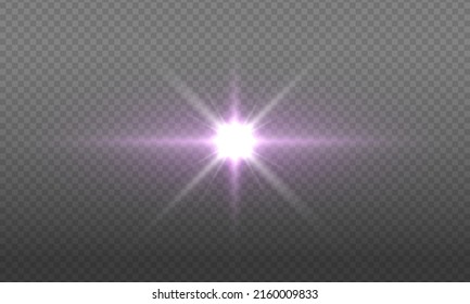 Brillo transparente de gradiente de brillo, brillo violeta. Textura de vidrio. Las estrellas de efecto luminoso brillan con destellos. Una estrella blanca mágica brillante se enciende sobre un fondo transparente. Luces de Navidad. Vector