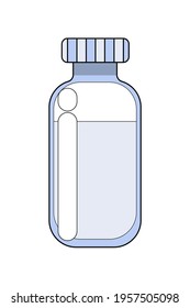 Transparent shining closed full milk bottle isolated on white background. Doodle design glass container with glister and flares. Pills, medicine dispenser