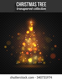 Transparent shining golden christmas tree for holiday design. Vector illustration.