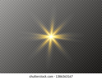 The transparent shining sun, bright flash. Star on transparent background. Sparkling magic dust particles. Bright Star. 