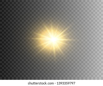The transparent shining sun, bright flash. Star on transparent background. Sparkling magic dust particles. Bright Star. 