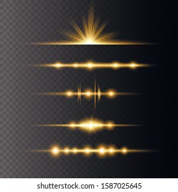 Transparent shining sun, bright flash. Vector sparkles. Bright Star. Yellow glowing light explodes on a transparent background. Sparkling magical dust particles.   To center a bright flash.