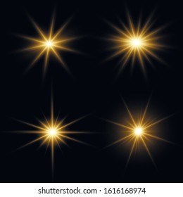 Transparent shining sun, bright flash. Bright Star. Yellow glowing light explodes on a transparent background. Sparkling magical dust particles. Vector sparkles. To center a bright flash.