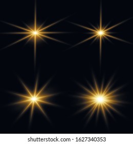 Transparent shining sun, bright flash. Bright Star. Yellow glowing light explodes on a transparent background. Sparkling magical dust particles. Vector sparkles. To center a bright flash.