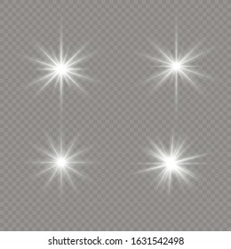 Transparent shining sun, bright flash. Bright Star. White glowing light explodes on a transparent background. Sparkling magical dust particles. Vector sparkles. To center a bright flash.