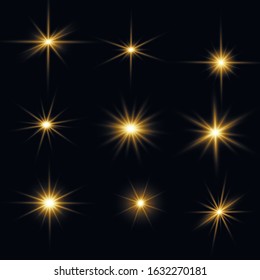 Transparent shining sun, bright flash. Bright Star. Yellow glowing light explodes on a transparent background. Sparkling magical dust particles. Vector sparkles. To center a bright flash.