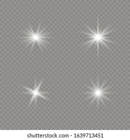 Transparent shining sun, bright flash. Bright Star. White glowing light explodes on a transparent background. Sparkling magical dust particles. Vector sparkles. To center a bright flash.