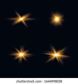 Transparent shining sun, bright flash. Bright Star. To center a bright flash. Yellow glowing light explodes on a transparent background. Sparkling magical dust particles. Vector sparkles.