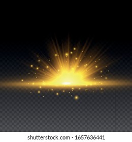 
  Sol claro y brillante. La luz amarilla resplandeciente estalla sobre un fondo transparente. Centrar un flash brillante. Partículas mágicas de polvo espumoso. Estrella brillante. El vector brilla.
