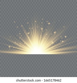  Sol claro y brillante. La luz amarilla resplandeciente estalla sobre un fondo transparente. Centrar un flash brillante. Partículas mágicas de polvo espumoso. Estrella brillante. El vector brilla.
