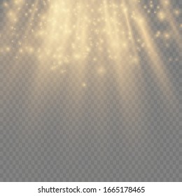 Transparent shining sun, bright flash. Yellow glowing light explodes on a transparent background. To center a bright flash. Sparkling magical dust particles. Bright Star. Vector sparkles.
