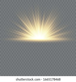  Sol claro y brillante. La luz amarilla resplandeciente estalla sobre un fondo transparente. Centrar un flash brillante. Partículas mágicas de polvo espumoso. Estrella brillante. El vector brilla.
