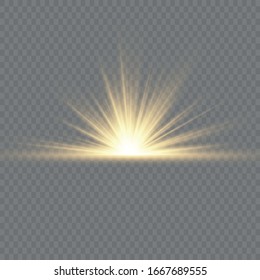 Transparent shining sun, bright flash. Yellow glowing light explodes on a transparent background. To center a bright flash. Sparkling magical dust particles. Bright Star. Vector sparkles.
