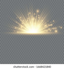 Transparent shining sun, bright flash. Yellow glowing light explodes on a transparent background. To center a bright flash. Sparkling magical dust particles. Bright Star. Vector sparkles.

