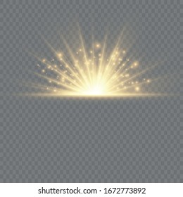 Transparent shining sun, bright flash. Yellow glowing light explodes on a transparent background. To center a bright flash. Sparkling magical dust particles. Bright Star. Vector sparkles.
