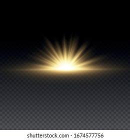 
 Sol claro y brillante. La luz amarilla resplandeciente estalla sobre un fondo transparente. Centrar un flash brillante. Partículas mágicas de polvo espumoso. Estrella brillante. El vector brilla.
