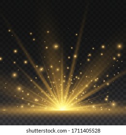 Transparent shining sun, bright flash. Yellow glowing light explodes on a transparent background. To center a bright flash. Sparkling magical dust particles. Bright Star. Vector sparkles.