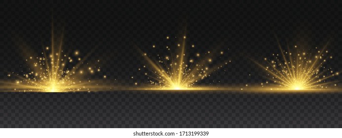 Transparent shining sun, bright flash. Yellow glowing light explodes on a transparent background. To center a bright flash. Sparkling magical dust particles. Bright Star. Vector sparkles.