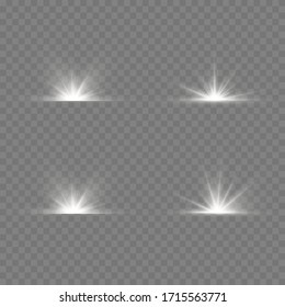 Transparent shining sun, bright flash. White glowing light explodes on a transparent background. To center a bright flash. Sparkling magical dust particles. Bright Star. Vector sparkles.