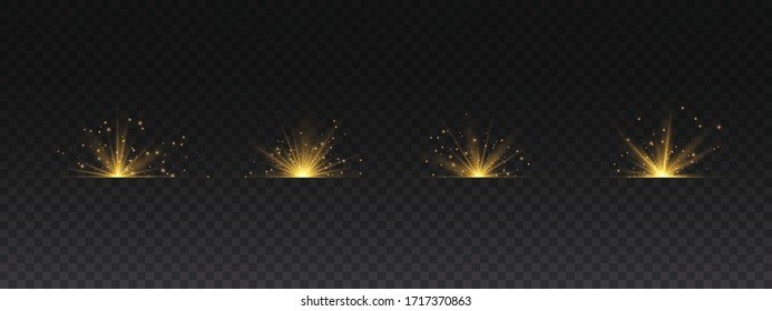 Transparent shining sun, bright flash. Yellow glowing light explodes on a transparent background. To center a bright flash. Sparkling magical dust particles. Bright Star. Vector sparkles.