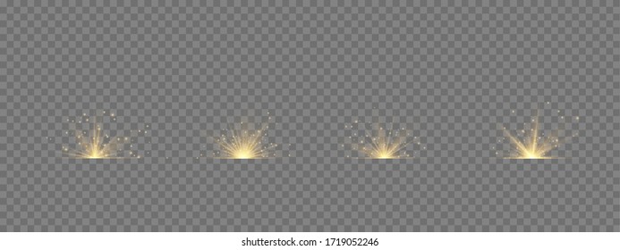 Transparent shining sun, bright flash. Yellow glowing light explodes on a transparent background. To center a bright flash. Sparkling magical dust particles. Bright Star. Vector sparkles.