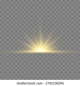 Transparent shining sun, bright flash. Yellow glowing light explodes on a transparent background. To center a bright flash. Sparkling magical dust particles. Bright Star. Vector sparkles.