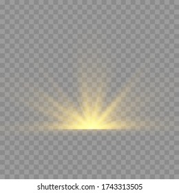 Transparent shining sun, bright flash. Yellow glowing light explodes on a transparent background. To center a bright flash. Sparkling magical dust particles. Bright Star. Vector sparkles.