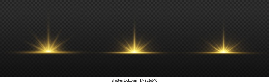 Transparente strahlende Sonne, heller Blitz. Gelbes Licht explodiert auf transparentem Hintergrund. Um einen hellen Blitz zu zentrieren. funkelnde magische Staubpartikel. Heller Stern. Vektorfunkeln.