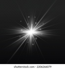 Transparent shining sun, bright flash. Abstract image of lighting flare. Set of glowing light effect stars bursts with sparkles. Glitter magic white star sparks on transparent background. Vector.