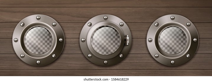 Transparent ship portholes on wooden wall. Vector realistic background of shipboard interior with metal brass round windows illuminators with rivets