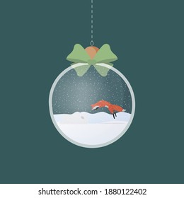 Pelota transparente de plata de Navidad con un zorro dentro. Sobre un fondo rojo. Vector