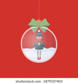 Transparent silver Christmas ball with a girl inside. On a red background. Vector