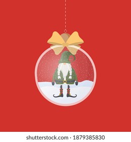 Transparent silver Christmas ball with a Christmas gnome inside. On a red background. Vector
