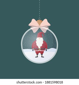 Transparent silver Christmas ball with Santa Claus inside. On a red background. Vector