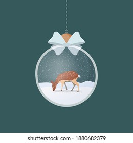 Transparent silver Christmas tree ball with an antelope inside. On a red background. Vector