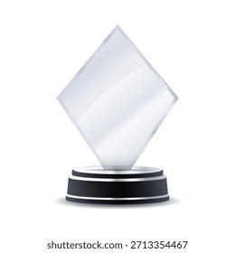 Transparent silver crystal plate trophy with wooden stand, engraved victory wreath, and subtle glowing reflections ideal for champion awards, competition recognition, and high-quality vector illustrat