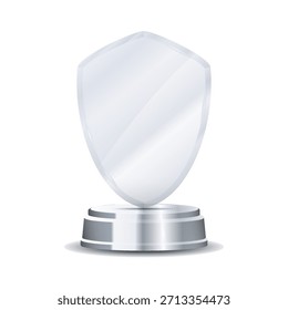 Transparent silver crystal plate trophy with wooden stand, engraved victory wreath, and subtle glowing reflections ideal for champion awards, competition recognition, and high-quality vector illustrat