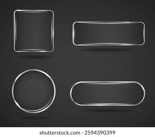 Transparent silver frame website button set. Circle square glossy frame