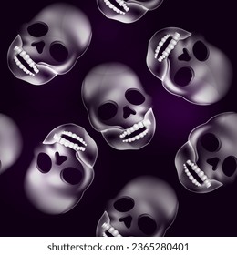 Transparent skulls on a dark background. Seamless creepy background
